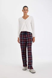 Fall In Love Pajama Set V Neck Long Sleeve Basic Plain Top Plaid Elastic Waist Bottom
