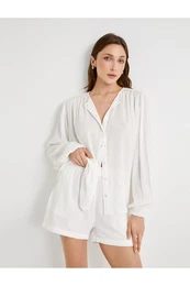 Oversize Shirt Balloon Sleeves Magnificent Collar Metallic Drawstring