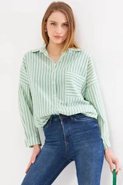 Women's Green Striped Long Sleeve Pocket Detailed Pleated Oversize Shirt