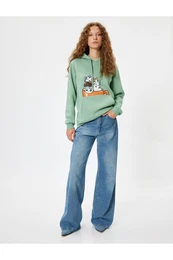 Cat Printed Hooded Raised Oversize Sweatshirt