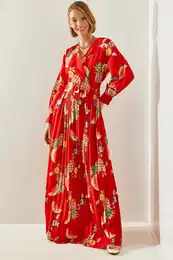Women's Double-breasted Floral Patterned Pleated Belt Detailed Long Dress 1973