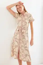 2455 Patterned Shirt Dress - Beige