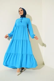1627 Collar Lace-Up Hijab Dress - C.Blue