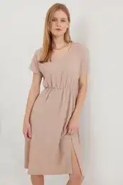 2378 V Neck Slit Knitted Dress - Biscuit