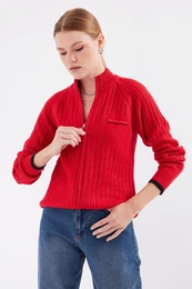 15863 Zippered Knitwear Cardigan - Red