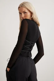 Derry Women's Crew Neck Back Tie Detailed Tulle Crop Black Blouse