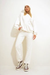 Trend Alaat Stili Women's Ecru Crew Neck Elastic Waist and Leg Two Yarn Basic Tracksuit