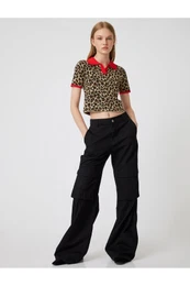 Polo Neck Sweater Leopard Patterned Piping Short Sleeve