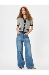 Knitted Cardigan Buttoned Short Sleeves Crew Neck Pocket Detail Patterned
