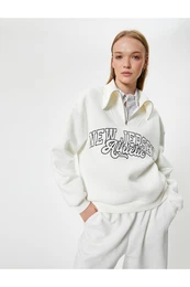 College Sweatshirt Printed Half Zipper Relax Fit Embroidered Ribbed