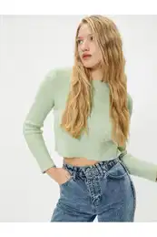 Basic Plush Crop Sweater Long Sleeve Round Neck