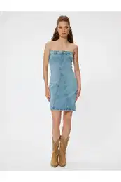 Strapless Denim Dress Mini Sleeveless A Cut Buttoned Stitching Detail Slim Fit