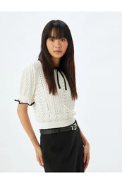 Knitwear Openwork Sweater Baby Collar Bow Short Sleeve Ruffle Detail