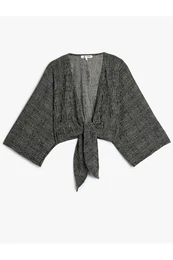 Crop Cardigan with Wrap Tie Detail V-Neck Bat Sleeve