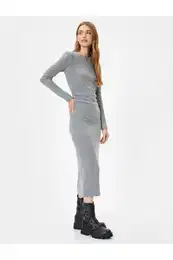 Midi Length Pencil Dress Ribbed Long Sleeve Crew Neck Slim Fit