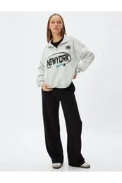 Half Zipper Sweatshirt Printed Stand Collar Pocket Detail Raised