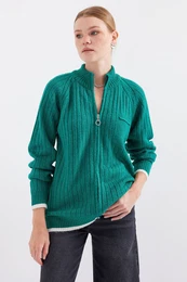15863 Zippered Knitwear Cardigan - Emerald