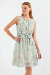 2501 Patterned Zero Sleeve Chiffon Dress - Mint