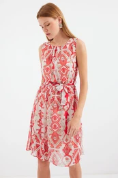 2501 Patterned Zero Sleeve Chiffon Dress - Red