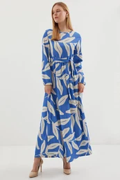 2488 Patterned Long Knitted Dress - Blue