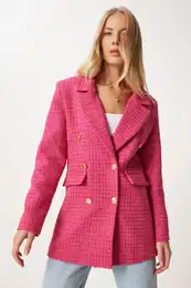 Happiness stanbul Women's Dark Pink Buttoned Blazer Tweed Jacket
