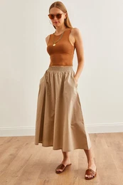 Women's Stone Pocket Elastic Waist Midi Woven Bell Skirt