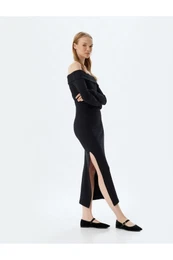Midi Dress Ribbed Boat Neck Slit Detail Slim Fit Long Sleeve
