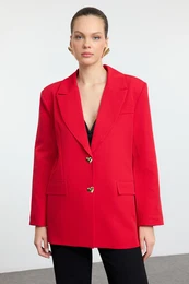 Red Oversized Heart Button Woven Blazer Jacket