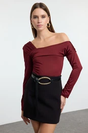 Claret Red Asymmetric Collar Fitted/Fits the Body Snap Flexible Knitted Bodysuit