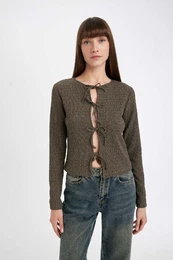 Regular Fit Front Tie Crepe Long Sleeve T-Shirt