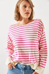 Women's Striped Shoulder Buttoned Sweater