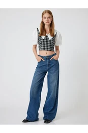 Tweed Blouse Wide Baby Neck Short Balloon Sleeves Color Contrast