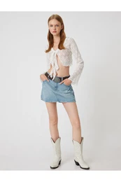 Lace Crop Blouse Tie Detailed Spanish Sleeves Ruffle V Neck