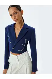 Double Breasted Crop Blazer Jacket with Dobby Chain Detail and Buttons
