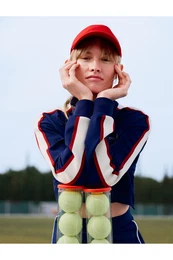 Zippered Crop Sweatshirt Stand Collar Striped Color Block Interlock