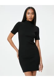 Pencil Knitwear Dress Mini Length Short Sleeve High Collar Ribbed