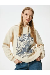 Raised Oversize Hooded Sweatshirt Slogan Printed Long Sleeve