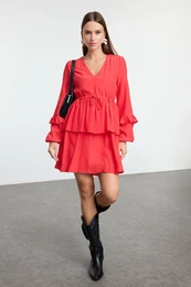 Red More Sustainable Straight Cut Wide Pattern Mini Woven Dress