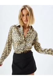 Leopard Patterned Satin Shirt Long Sleeve Regular Fit