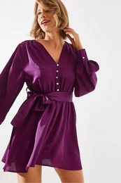 Women's Belted Button Detail Satin Dress MBMS003