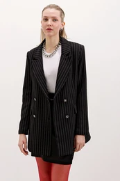 Women's Black Double Buttoned Striped Blazer Jacket 0699