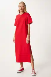Happiness stanbul Women's Red Cotton Summer Casual Combed Dress