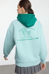 Mint Back Printed and Color Block Hooded Oversize/Wide Pattern Knitted Sweatshirt