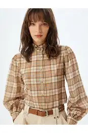 Mandarin Collar Shirt Ruffle Detail Long Sleeve Cotton