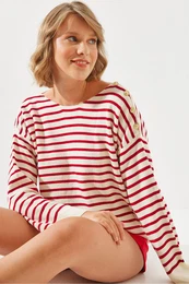 Women's Striped Shoulder Buttoned Sweater