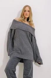 Trend Alaat Stili Women's Anthracite Madonna Collar Ribbed Oversize Sweater