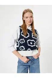 Knitted Sweater Floral Crew Neck Sleeveless