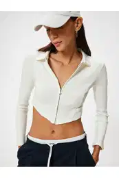 Crop Cardigan Zippered Shirt Collar Asymmetrical Cut Slim Fit