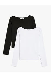 Long Sleeve Boat Neck Slim Fit Cotton T-Shirt - Set of 2 T-Shirts