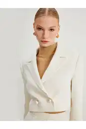 Crop Tweed Blazer Jacket Double Breasted Pearl Buttons
